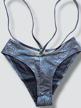 J. Valentine Blue Metallic Snakeskin Strappy Ring High Cut Bikini Bottoms